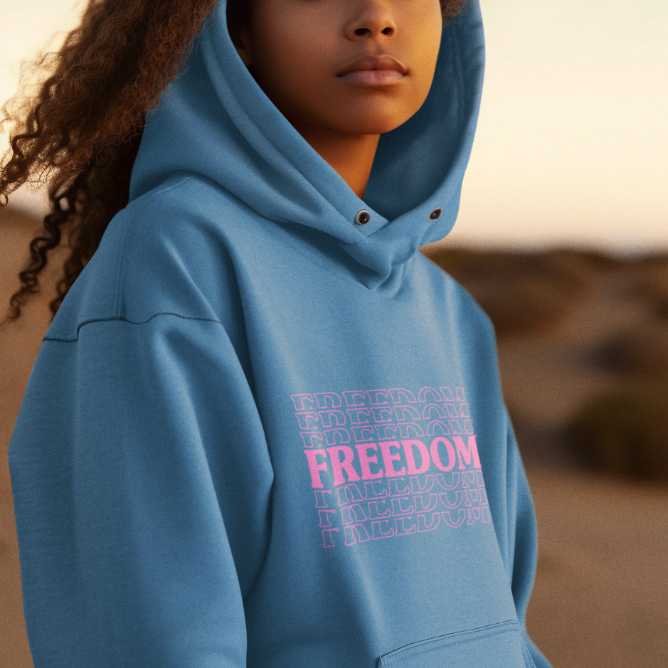 a girl wearing light blue hoodie themed as freedom 