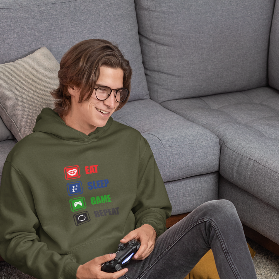 Level up your gaming gear with our 'Eat, Sleep, Game, Repeat' Hoodie!