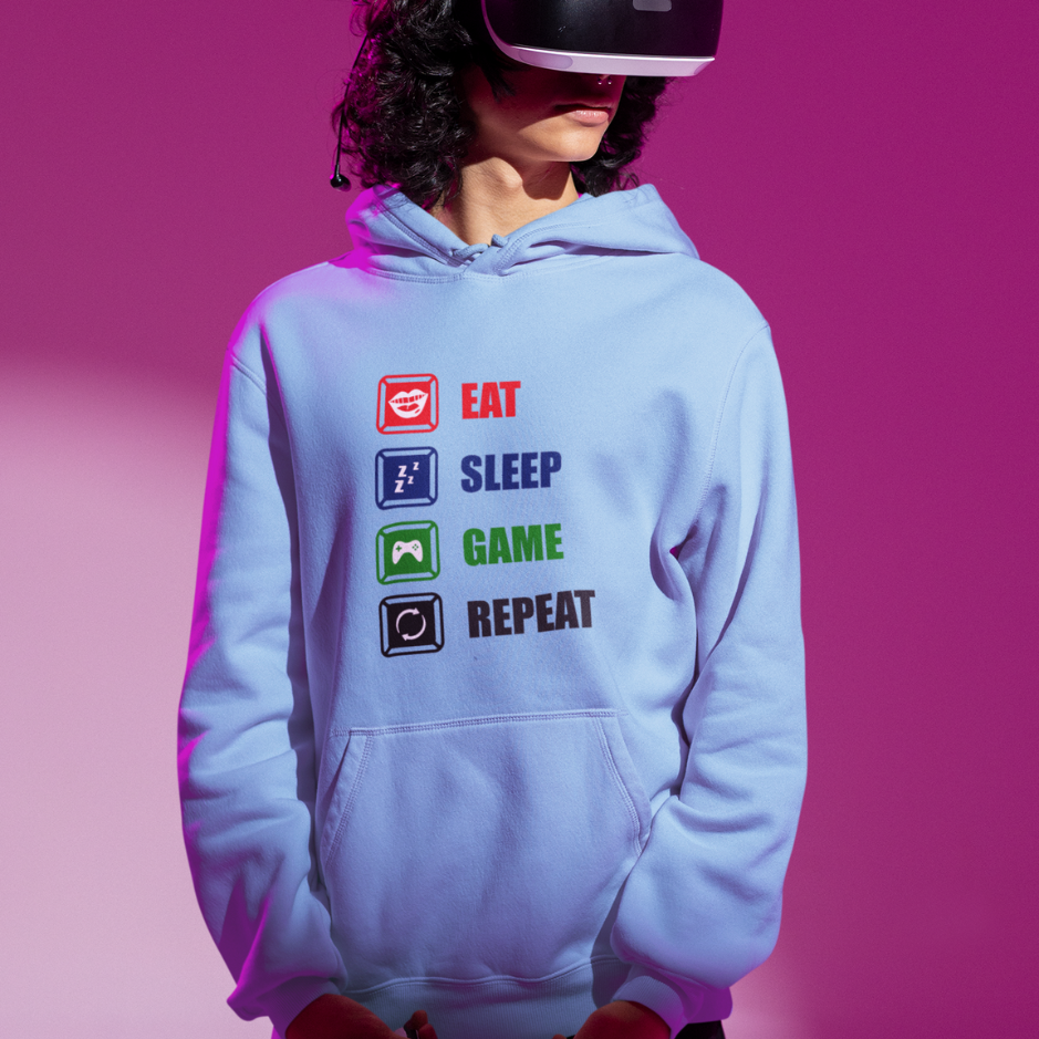 Level up your gaming gear with our 'Eat, Sleep, Game, Repeat' Hoodie!