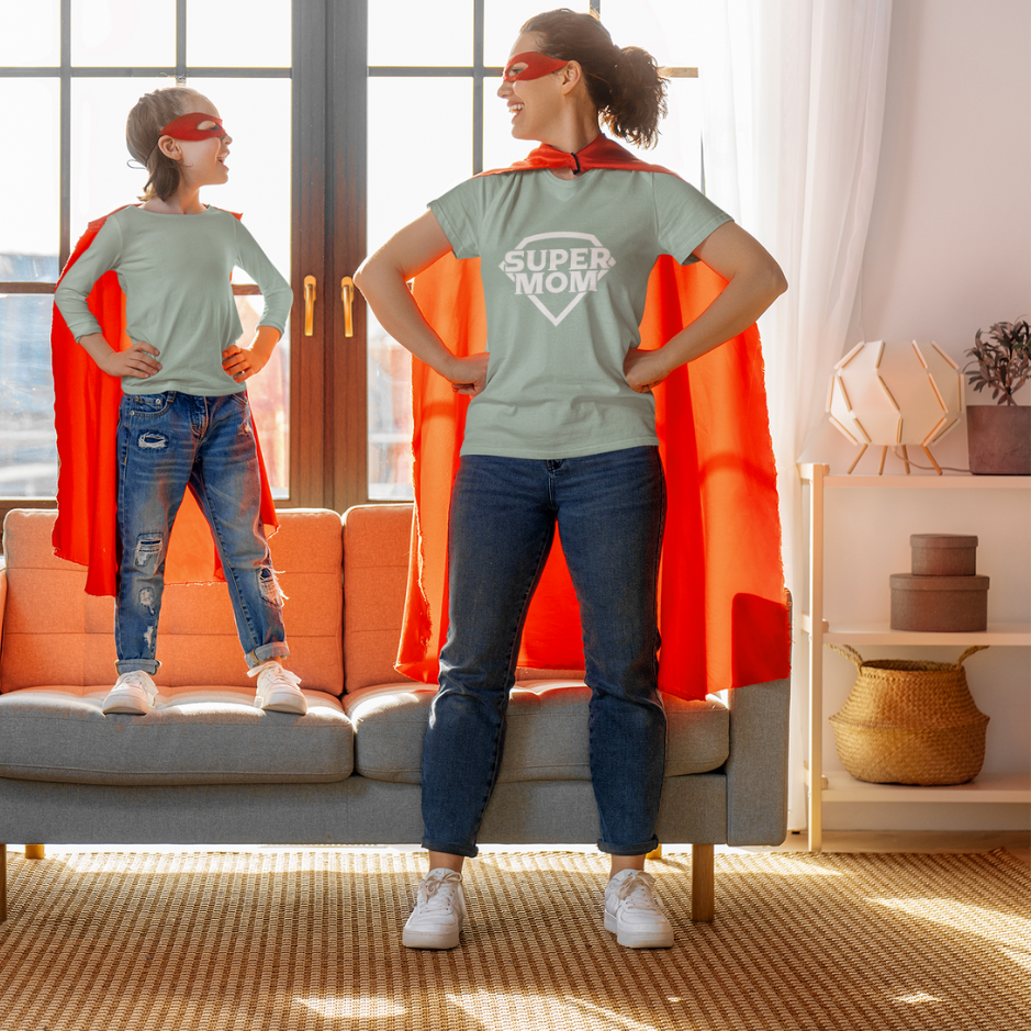 Mother and daughter duo channeling their inner superheroes in our Heather Dusty Blue Super Mom Tee! 