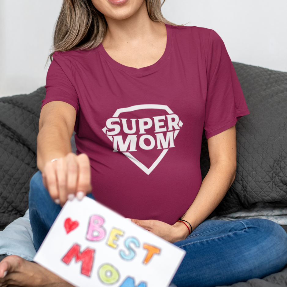 pregnant mom channeling her  inner superheroes in our heather raspberry pink  Super Mom Tee!