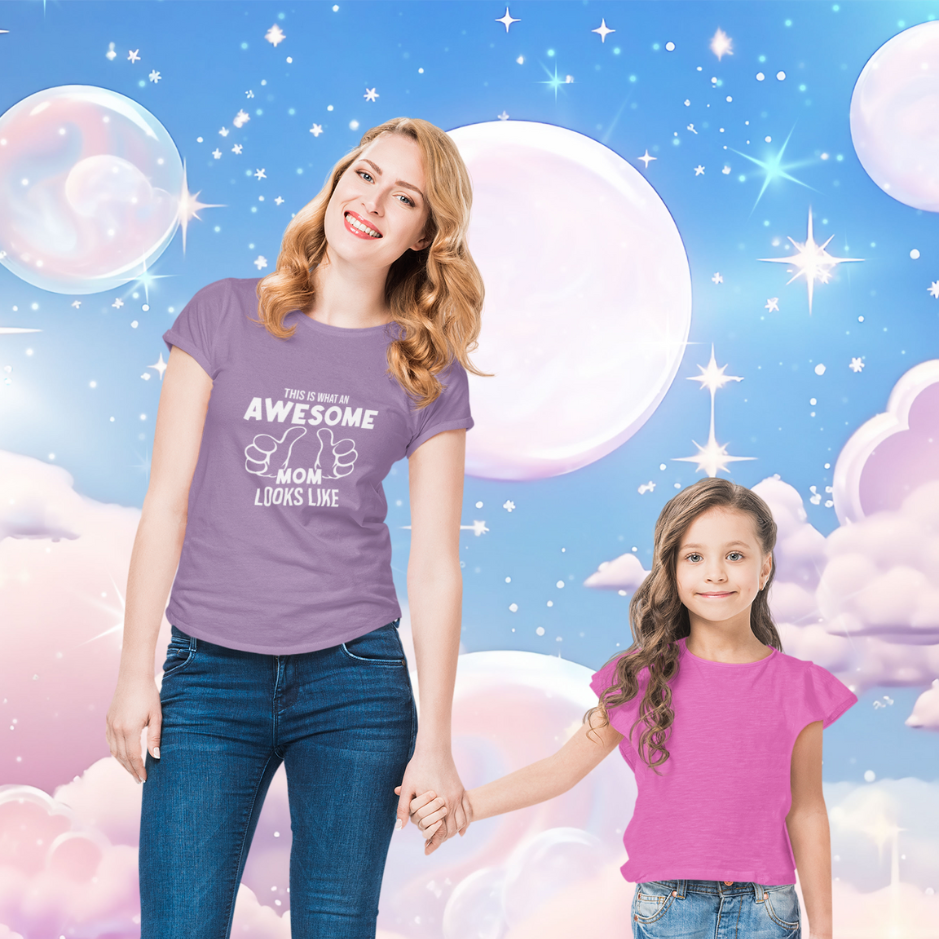 An awesome mom and her adorable dautgher  , showcasing their matching  heather purple and pink t-shirts with pride