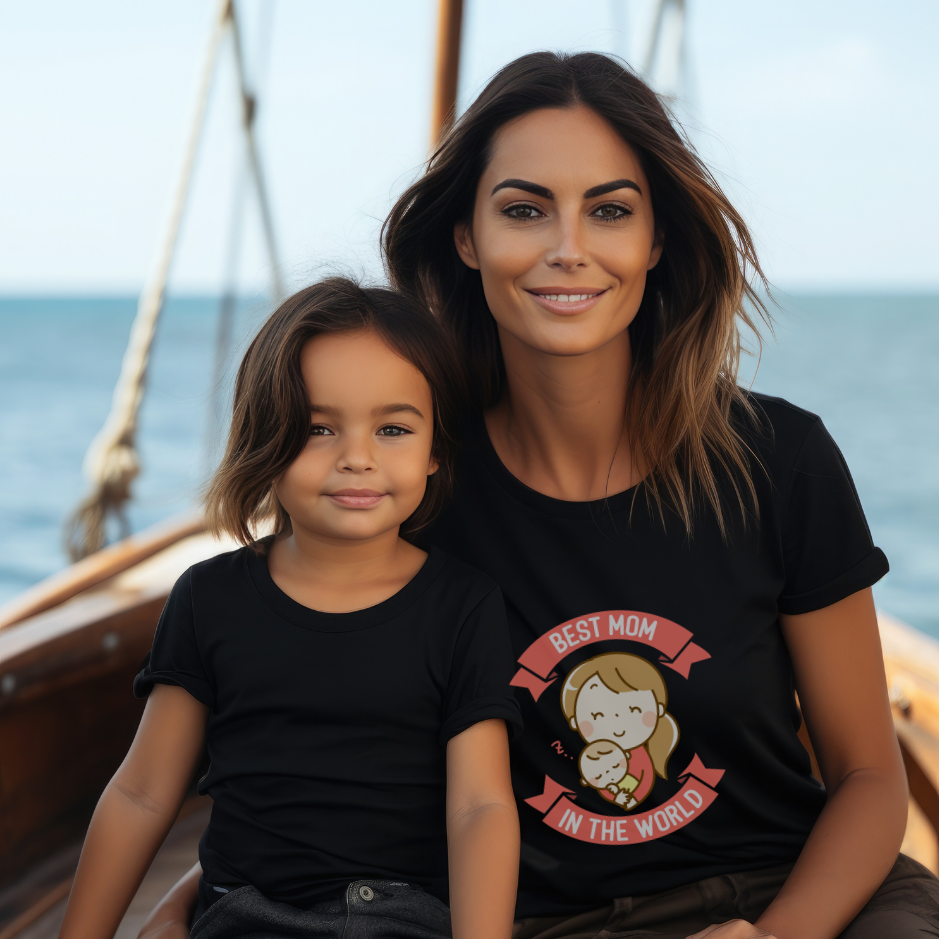 A proud mom dons her 'Best Mom in the World' black tee in a yaht , while her little sidekick sports a matching black  tee. Together, they radiate love and superhero vibes