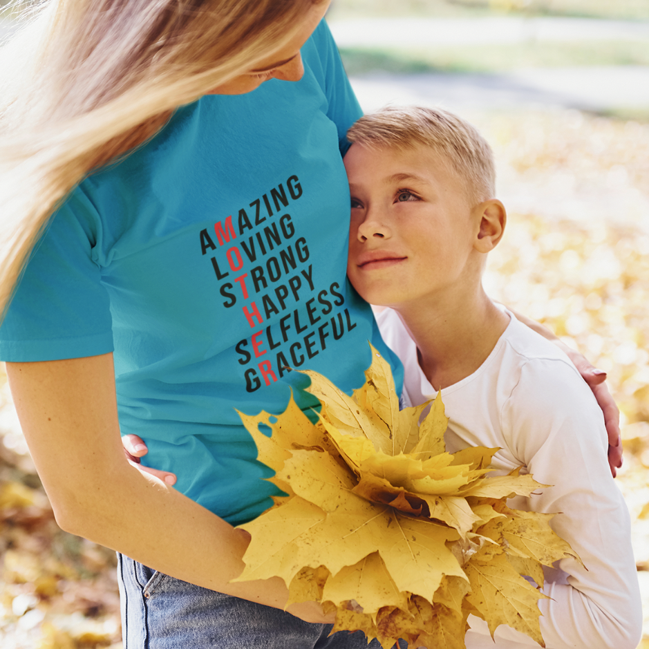 A blonde mom wearing a Heather Aqua Blue tee themed as loving, strong, happy, selfless, and graceful mother hugs her son