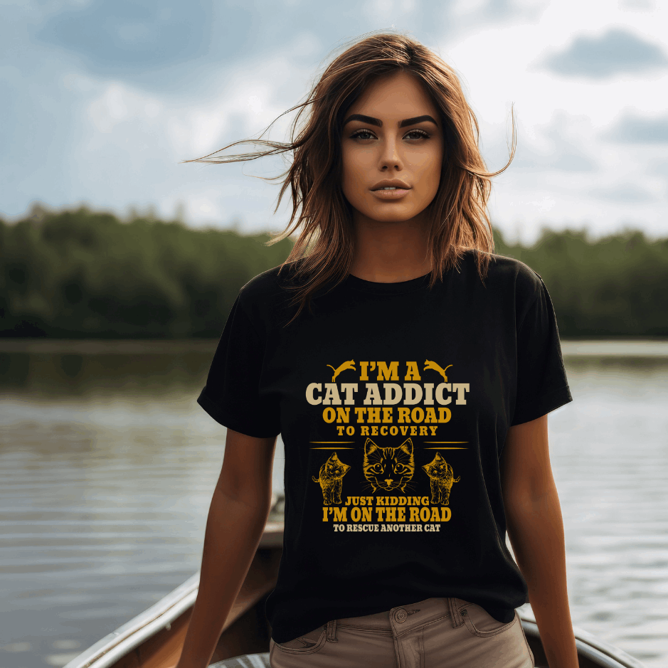 I'M A CAT ADDICT ON THE ROAD TO RECOVERY - FELINE ENTHUSIAST APPAREL, CAT OBSESSION, MEOW REHAB, KITTY ADDICT TEE, CAT LOVER'S FASHION