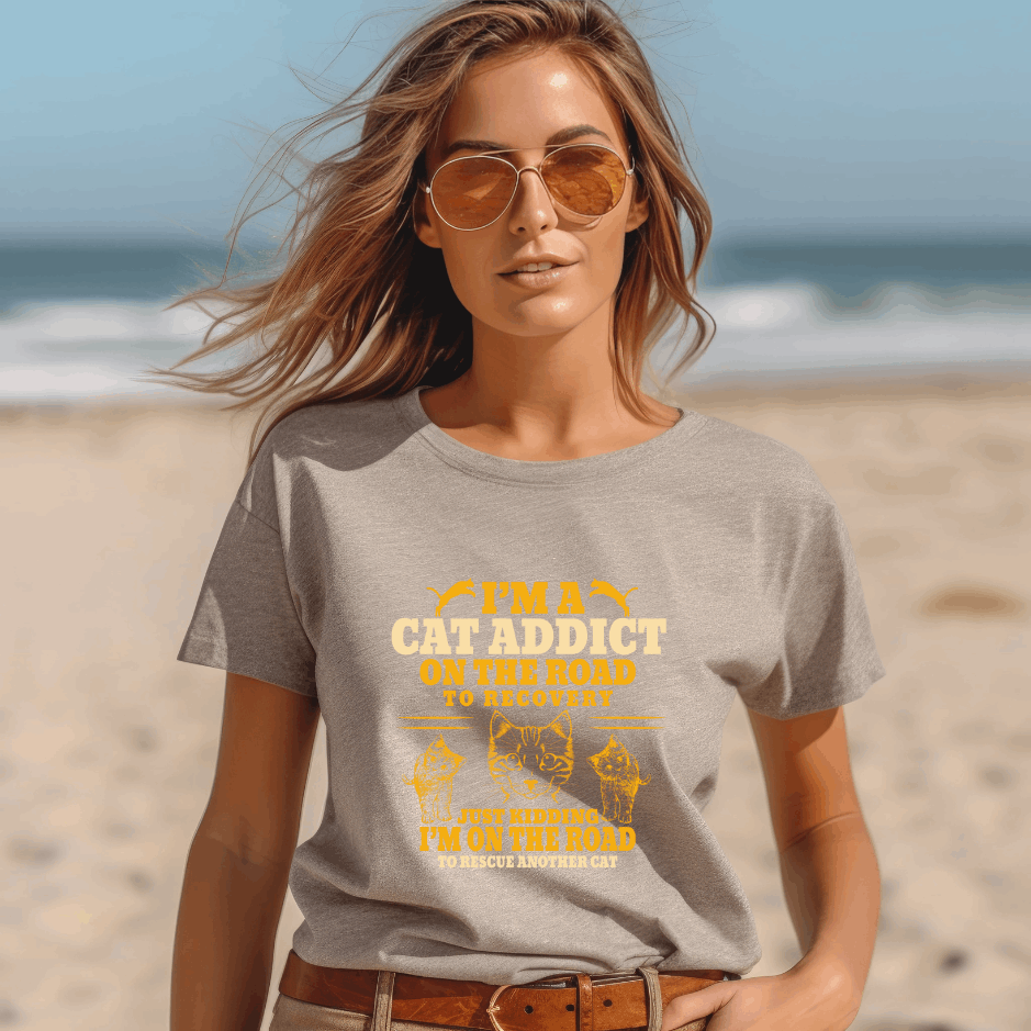 I'M A CAT ADDICT ON THE ROAD TO RECOVERY - FELINE ENTHUSIAST APPAREL, CAT OBSESSION, MEOW REHAB, KITTY ADDICT TEE, CAT LOVER'S FASHION