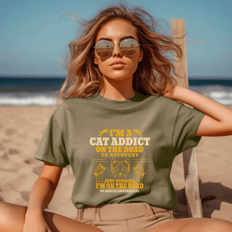 I'M A CAT ADDICT ON THE ROAD TO RECOVERY - FELINE ENTHUSIAST APPAREL, CAT OBSESSION, MEOW REHAB, KITTY ADDICT TEE, CAT LOVER'S FASHION