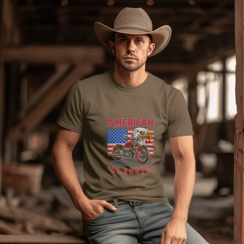 Eagle Flag Patriotic American: Embrace Patriotic Vibes with Our Iconic Vintage T-Shirt Featuring a Cool American Motorcycle Design and US Flag Accents.